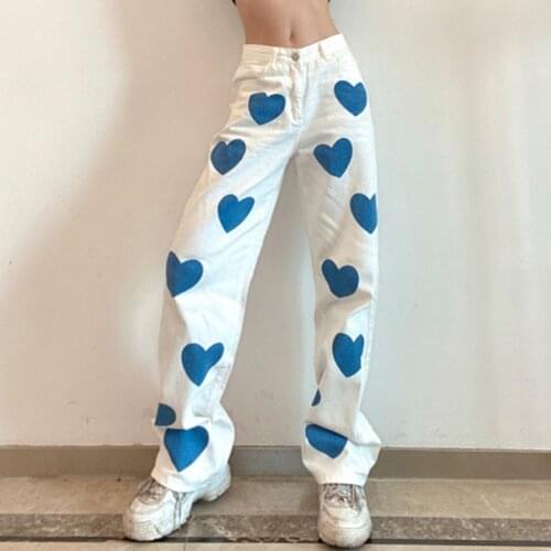 Fashion Loose Trousers 2021 New Jeans Womens Clothing Heart Printing Contrast Color High Waist Denim Straight Leg Pants Casual