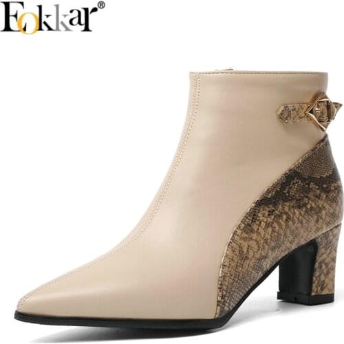 Eokkar 2020 Women Ankle Boots Pointed Toe Square Heel Winter Boots Pu Leather Elegant New Arrive Ladies Shoes Big Size 34-43