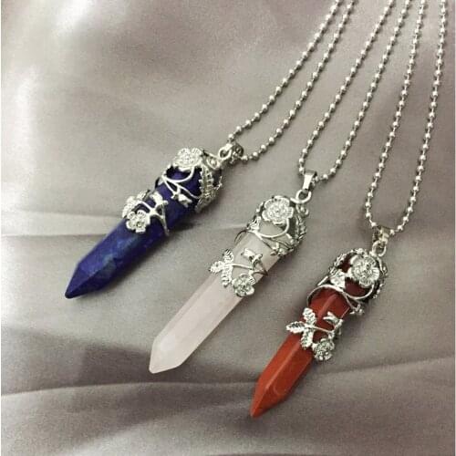 Ethnic Hollow Flower Big Size Quartz Pendant Nencklaces Hexagonal Natural Amethysts Prism Suspension Stone Jewelry Necklaces