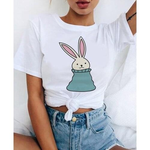 Short Sleeve Tops Tee Women Summer Casual O-neck Tee Shirts Female Graphic T-shirts Cartoon Rabbits Tshirt White Tees Tops