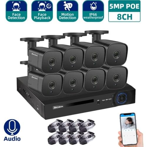 AHCVBIVN Audio AI POE IP Camera Face Detection H.265 8CH 5MP POE NVR Kit CCTV Security System Outdoor Video Surveillance