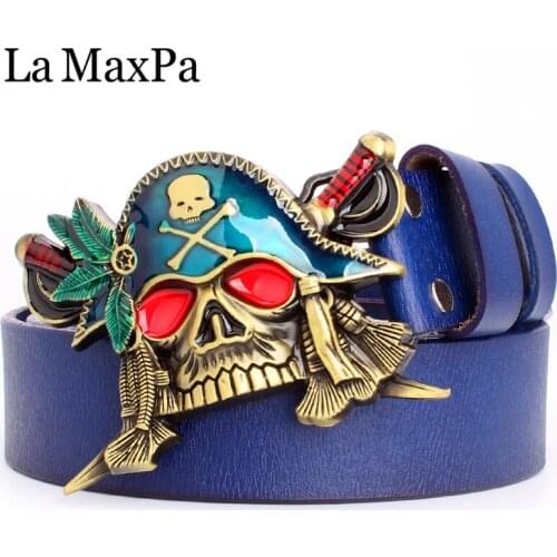 Fashion men belt skull buckle Colorful skull head belt genuine leather punk rock cool skeleton pirate belt gift for men