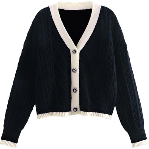 New Arrival Retro Loose Cardigan Sweater Autumn Winter 2021 Patchwork Color Single Breasted V-Neck Short Womens Sweater Jacket