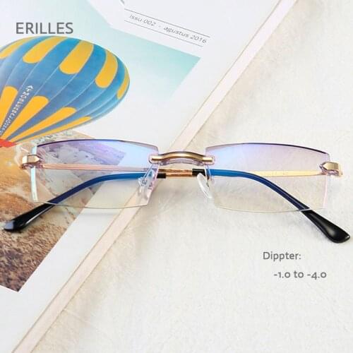 New Men Women Rimless Myopia Glasses Diamond Cutting Edge Gradient Color Myopic Eyewear Student Super Light Eyeglasses -1.5 -2.5