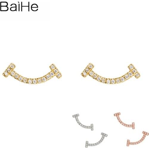 BAIHE Solid 14K Yellow Gold Smile Diamond Earrings Small Delicate Diamond Earrings Women Fine Jewelry сережки серьги Christmas