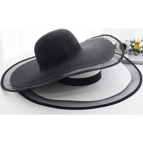 15CM Wide Brim Straw Hat Lace Beach Hats Women Fashion Ladies Summer New 2020 UV Protection Foldable Sun Shade Cap Sun hat