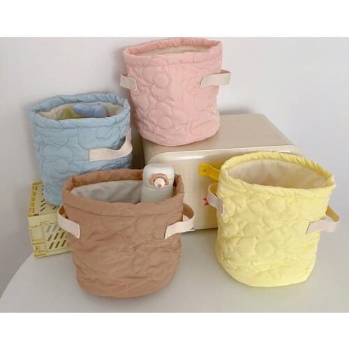 Cosmetics Storage Bucket Bag Korean Quilted Make Up Bag Organizer Barrel-shaped Cosmetic Pouch Cotton Fabric Travel Makeup Bags
