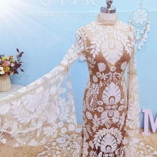 UMK Unique Boho High neck Lace Mermad Wedding Dress Vintage Flared sleeves Open back Chic Bohemia Wedding Bridal Gowns