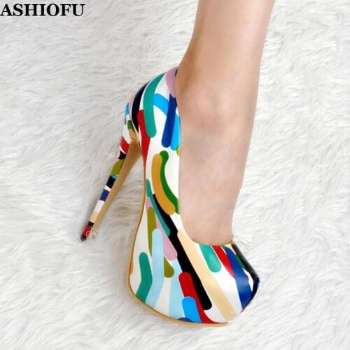ASHIOFU Handmade Womens High Heel Pumps Colorful Faux Leather Party Dress Shoes Platform Round-toe Evening Fashion Court Shoes