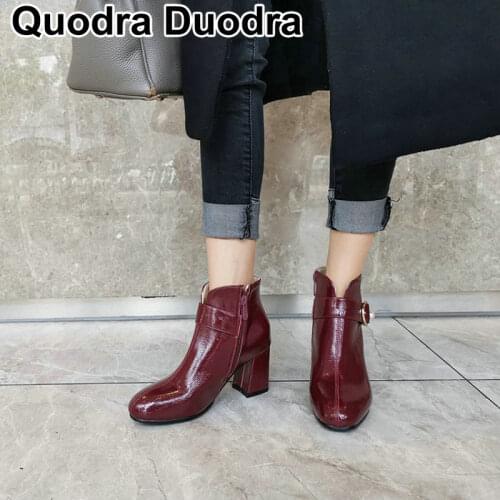 Winter Wine Red Women Winter Ankle Boots Thick High Heels Shoes short boot Pointed Toe Shoes Ladies Buckle pearl size33-46 43