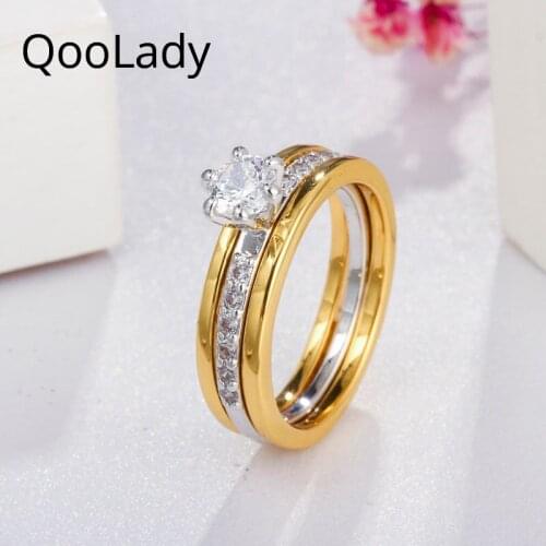 QooLady 585 Gold Rings Set for Women Zirconia 2 in 1 Finger Rings 2020 Knuckle Female Jewelry CZ Wedding Band Engagement F032