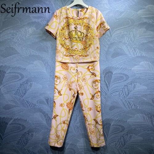 Seifrmann New 2021 Autumn Women Fashion Runway Pant Set Short Sleeve Crystal Tees + High Waist Vintage Printed Long Pants Suits