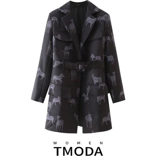 TMODA1954 2021 Za Women Fashion Zebra Printed Pockets Blazer With Belt Notched Neck Long Sleeve Vintage Female Coats Chic Tops
