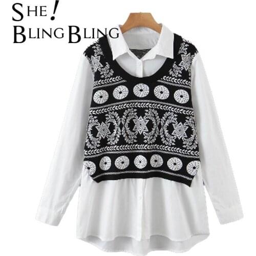 SheBlingBling Za Woman 2021 Casual Traf Tops Autumn Long Sleeve Jacquard Knit Gilet Patchwork Fake Two Piece Loose Shirt Blouses
