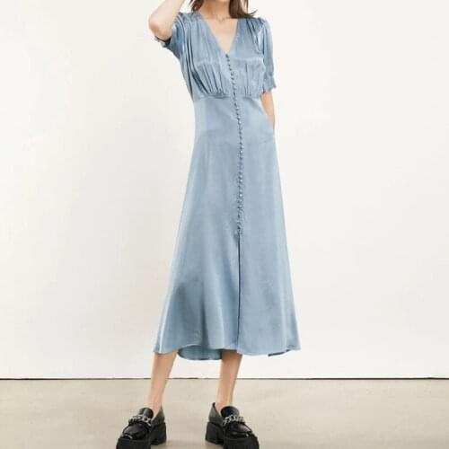 Women V-Neck Midi Dress Ladies 2021 Spring Summer Short Sleeve Single-breasted High Waist Slim Long Dresses