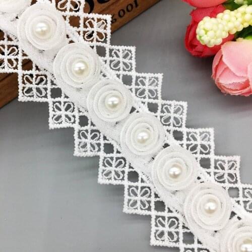 1 yd Vintage Rose Flower Pearl Lace Trim Ribbon Fabric Mesh Embroidered Applique Sewing Craft Crochet Wedding Dress Clothes