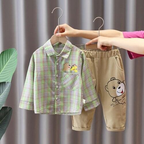 New Children Boys Girls Cartoon Clothing Suits Baby Plaid Shirt Blouses Pants 2Pcs/Sets Spring Autumn Toddler Cotton Tracksuits