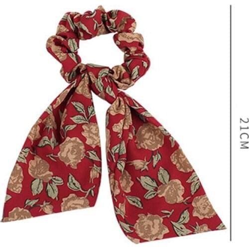 5pcs Hair Scrunchies Scarves Vintage Floral Hair Ribbon Tail Ponytail Flower Pattern Long Bow Knotted Hair Band
