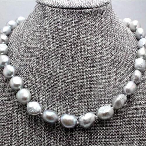 Real 9-10MM Natural Silver Gray Akoya Cultured Pearl Baroque Necklace 18inch