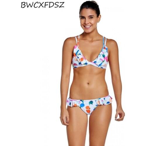 BWCXFDSZ Sexy Ladies Bikini Push Up Padded Biquini Low Waist Swimwear Women Swimsuit Print Bathing Suit Strappy Beachwear Female