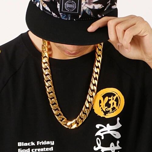 17mm Width Stainless Steel Miami Curb Cuban Chain Necklace Boys Men gold color Hip hop Simple Lock Clasp Link jewelry