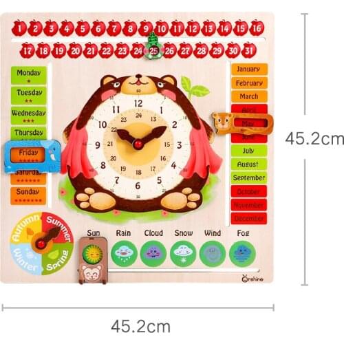Wooden Clock Toy Wooden Calendar Board Learning Clock Months Weather Week Seasons Recognize Teaching Toy Cartoon Bear Wooden Toy