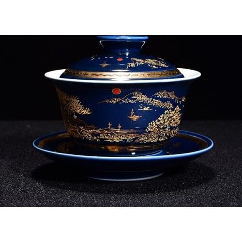 Mountain-river print porcelain tureen blue glaze ceramic gaiwan covered bowl with cup saucer lid on sales