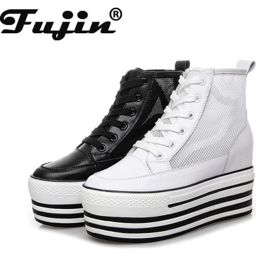Fujin 9cm High Top Boots Summer Air mesh breathable Genuine Height Increased Super High Heel Platform Sports Women Casual Shoes