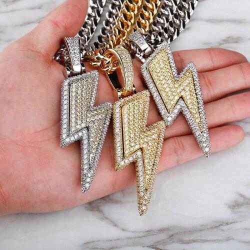 Hip Hop Micro Paved AAA CZ Stone Bling Ice Out Big Lightning Pendants Necklace for Men Rapper Jewelry Drop Shipping