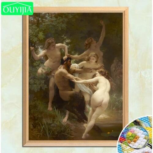 French Bouguereau Famous Painting "Nymphs and Satyr" 5D DIY Diamond Painting Full Square Embroidery Rhinestones Mosaic Picture