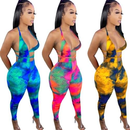 Gradient Tie Dye Print One Piece Overalls for Women Halter Neck Backless Party Club Outfit Summer Hollow Irregular Catsuits