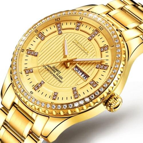 2021DEDIMA Gold Diamond double calendar waterproof night light steel strip mens watch business leisure Watch