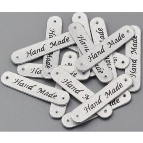 KALASO Wholesale 30pcs Silver Handmade Labels Clothes Garment PU Leather Labels Hand Made Tags Jeans Bags Shoes Sewing Supplies