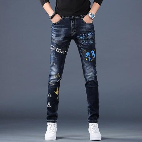 Autumn Men Jeans Fashion Printed Blue Stretch Denim Streetwear Slim Fit Straight Pants