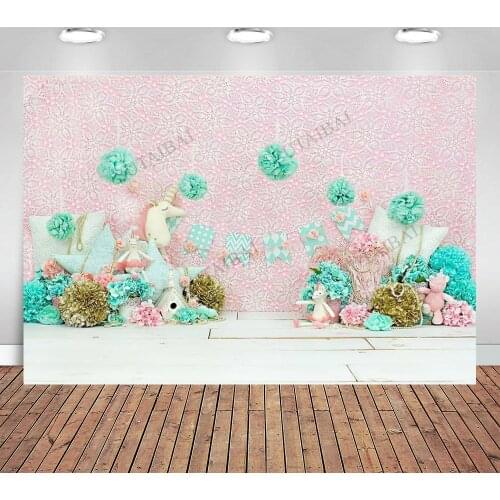 Pink Unicon Wall Kids Cake Smash Backdrop Spring Newborn Girl Birthday Background Flowers Banner Party Decor Photocall Props
