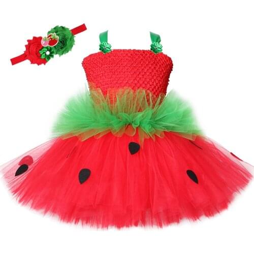 Cute Strawberry Tutu Dress Red Green Tulle Flowers Princess Girls Birthday Party Dress Children Kids Christmas Halloween Costume