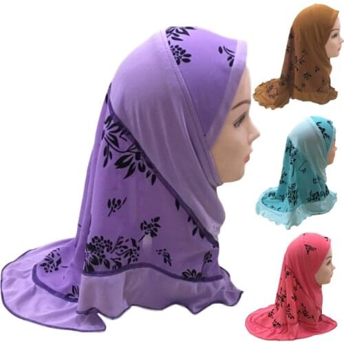 Printed Hijab Scarf for Kids Muslim Girls Islamic Headscarf Turban Caps Fit 2-7 years old Arab Full Cover Amira Shawls Headwear