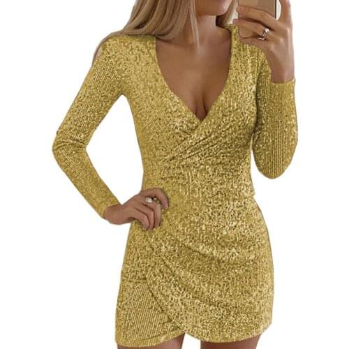 Hot Sexy Women V Neck Shiny Sequins Irregular Hem Bodycon Banquet Party Mini Dress