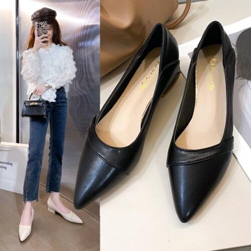 Women Pumps Pointed Toe Boat Shoes Low Heels Dress Shoes Square Heeled Ladies Shoes Ol Office Black White Zapatos Mujer 9332L
