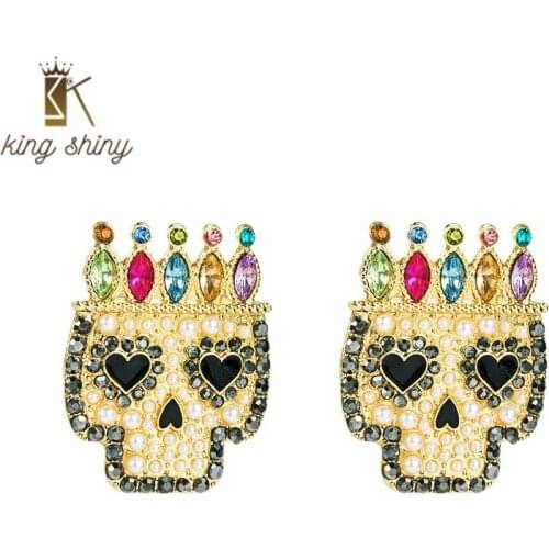 Vintage Color Crystal Skeleton Stud Earrings for Woman Elegant Simulated Pearl Heart Rhinestone Stud Earrings Girl Party Brincos