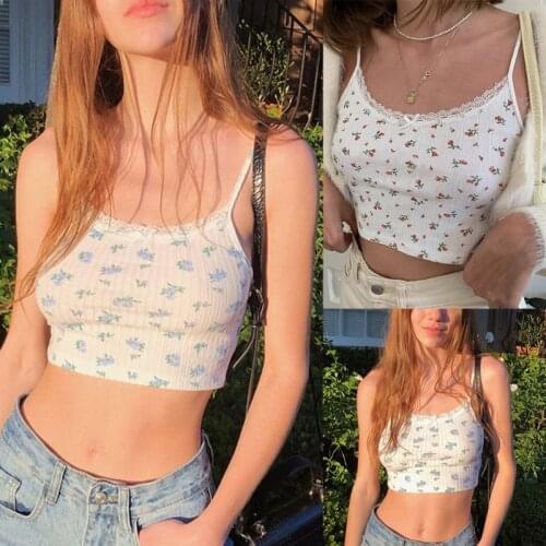 Women Summer Top Pastoral Little Floral Printed Camisole Ribbed Knitted Lace Splicing Bowknot Sling Vest Streetwear