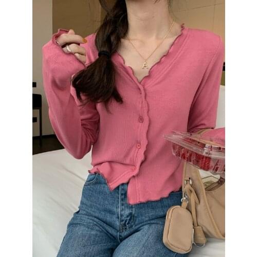 2021 autumn sweet 4-color curled knitted cardigan Korean style slim button V-neck jacket simple long-sleeved short top women