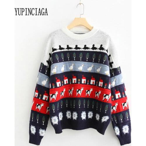 YUPINCIAGA Women Cartoon jacquard loose pullover Sweaters Winter Long Sleeve Knitted Drop Shoulder Pullover Femme Jumper Knitted