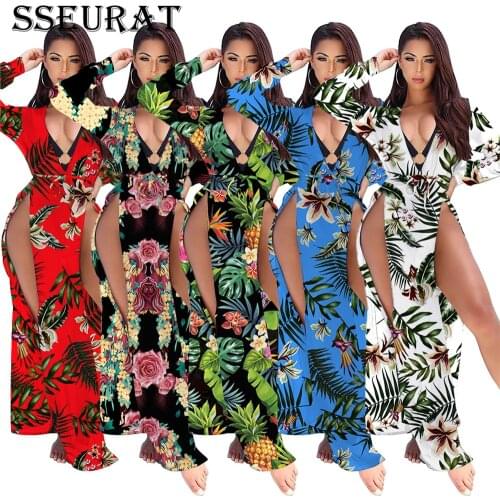 SSEURAT Women Long Dress Print Chiffon Full Sleeve V-neck High Split Maxi Dresses Bandage Sashes Fashion Beachwear Outfit Summer