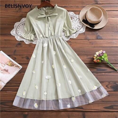 Green Apricot 2021 Embroidered Dress Woman Mesh Elegant Sweet Midi Dress Summer Kawaii Fairy Outfits Tulle Muslin Sundress