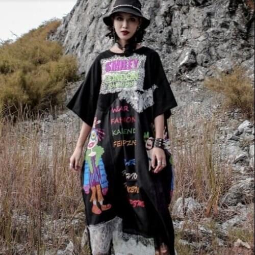 IHOBBY Women 2021 Harakuju Cartoon Print T Shirt Dress Black Short Sleeve Ankle Length Lace patchwork Female Spring Dress