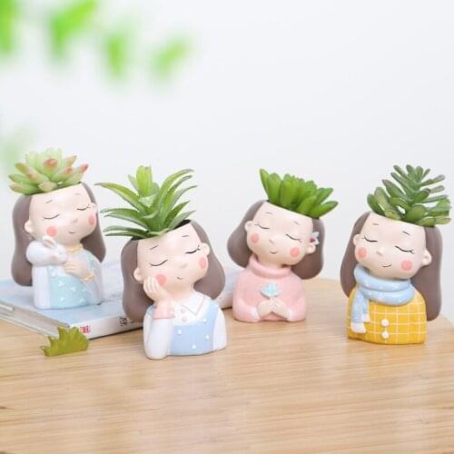1pcs Mini Plant Potted Cute Girl Flowerpot Office Home Decor Bonsai Plant Resin Flower Pot