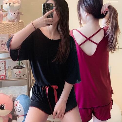 2021 Summer Sexy Short Sleeve backless Shorts Pajama Sets for Women Korean Modal Sleepwear Pyjamas Homewear Pijama Mujer Clothes
