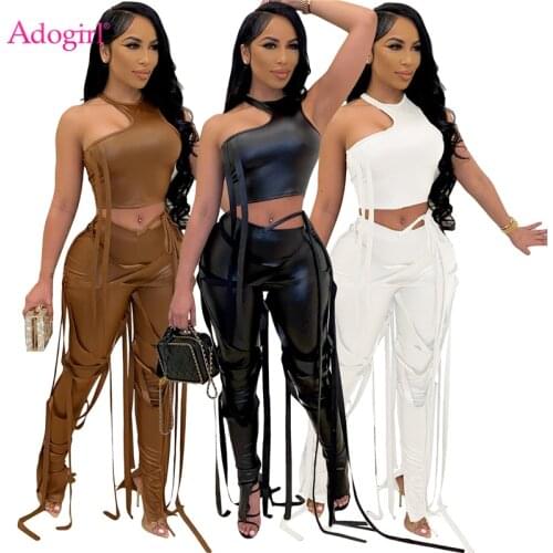 Adogirl Women Sexy Ribbon Bandage PU Leather Two Piece Set Sleeveless Vest Crop Top Split Pencil Pants Night Club Suits Outfits