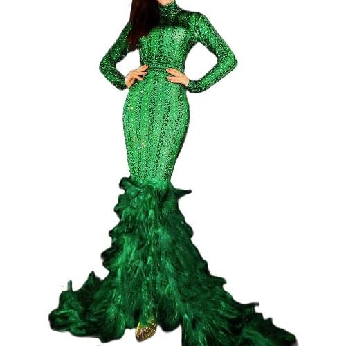 Shining Rhinestone Green Feather Long Tailing Dresses Skinny Elastic Women Dress Nightclub Singer Dance Wear Evening Prom Outfit